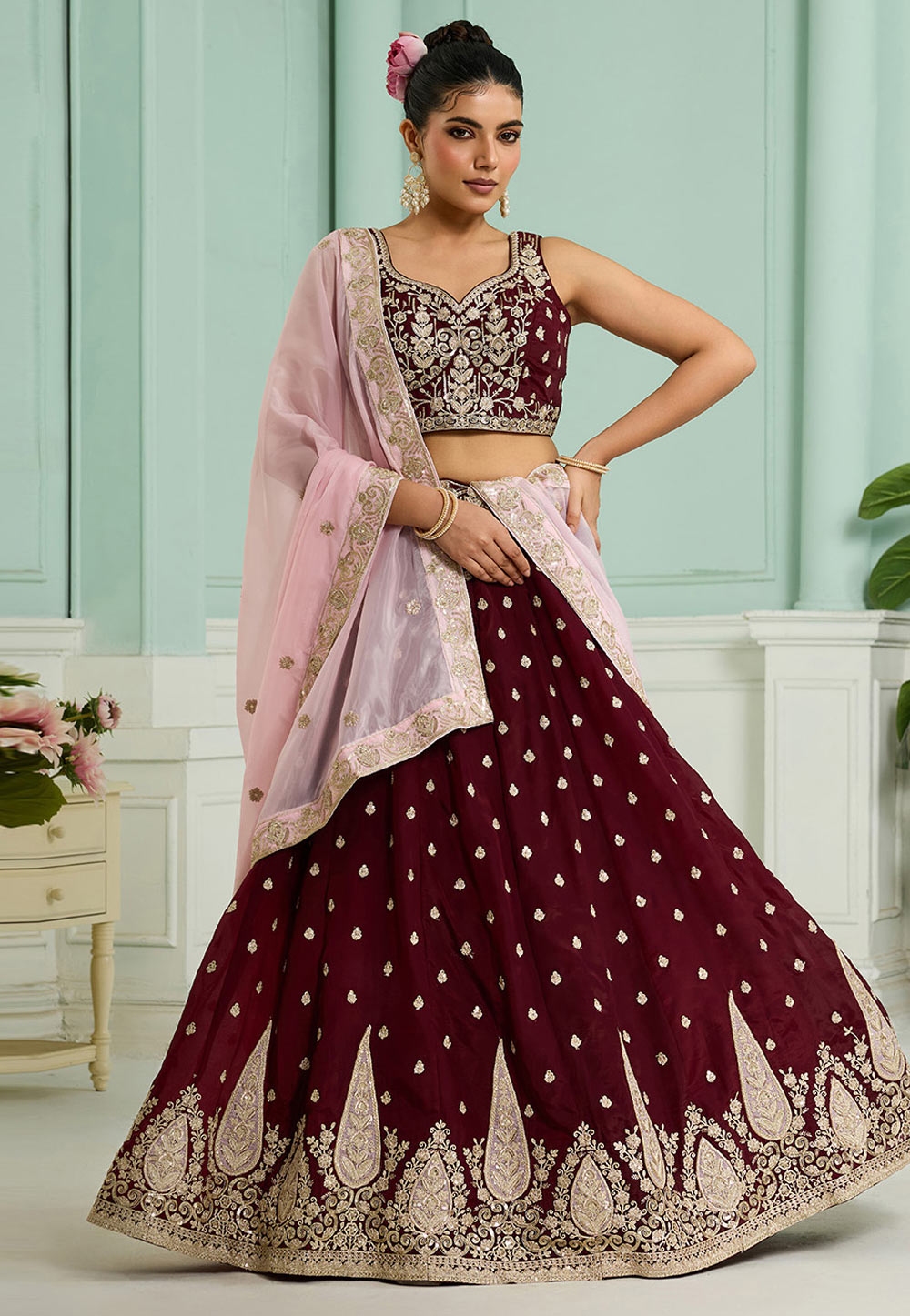 Maroon Organza Lehenga Choli For Wedding 318109