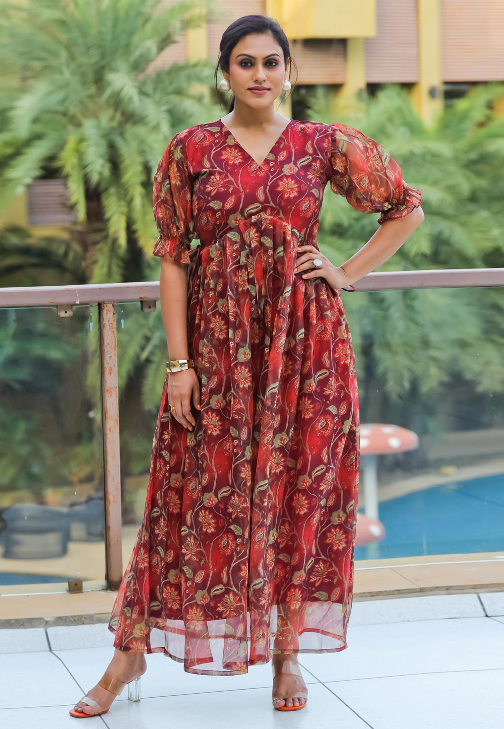 Maroon Organza Printed Gown 284525