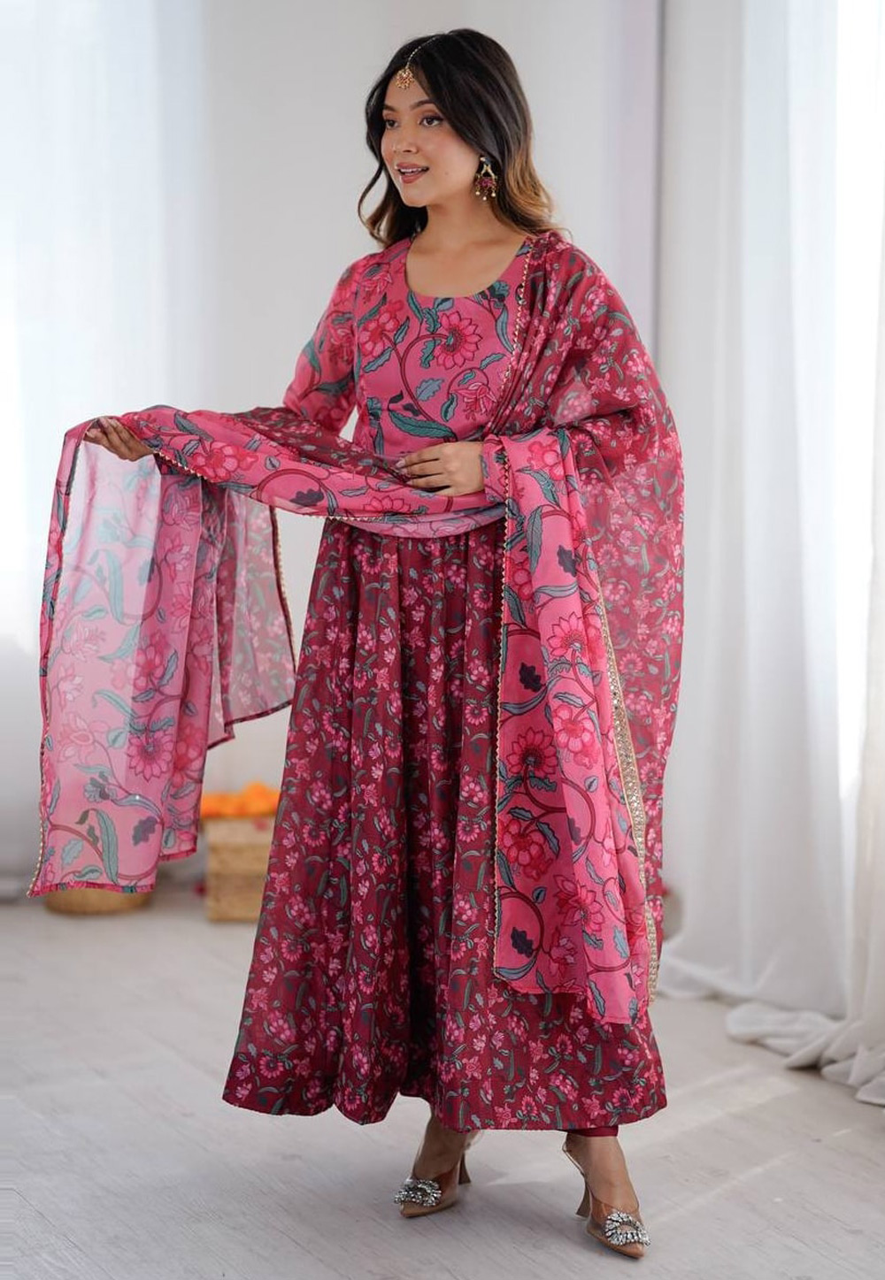 Maroon Organza Readymade Long Anarkali Suit 321219