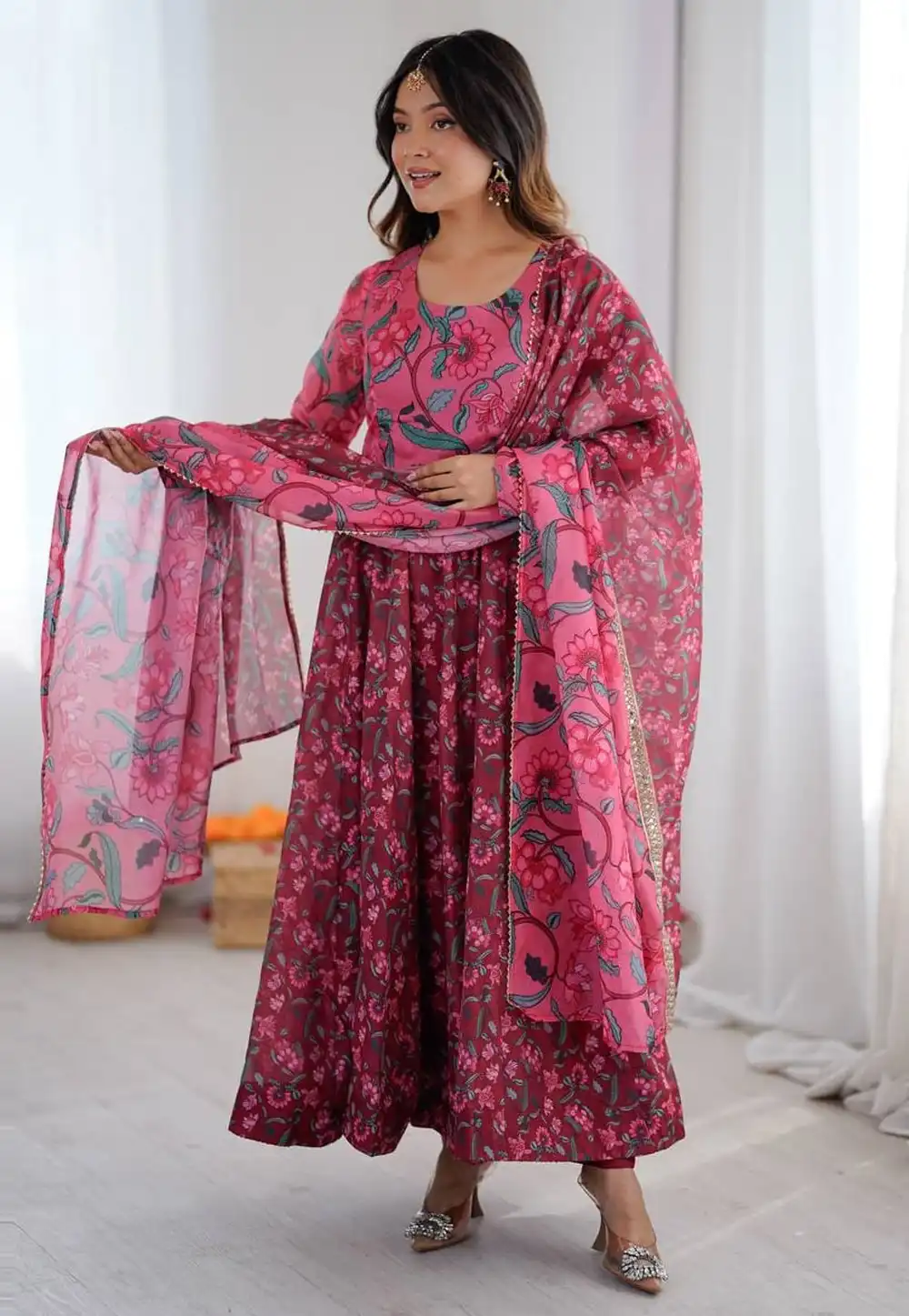 Maroon Organza Readymade Long Anarkali Suit 321219