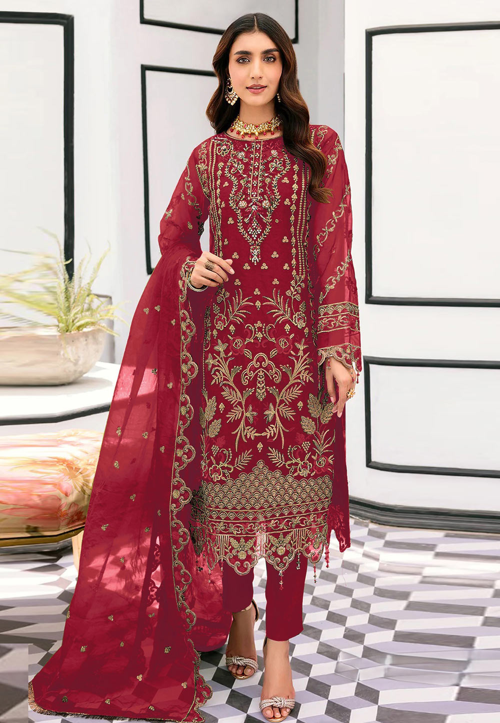 Maroon Organza Straight Suit 327273