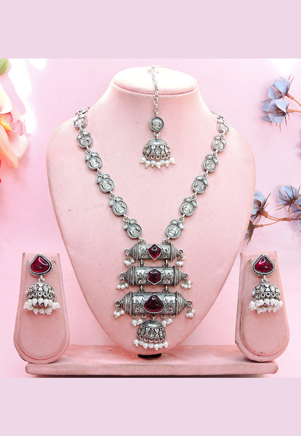 Maroon Oxidised Navratri Necklace Set With Earrings and Maang Tikka 312376