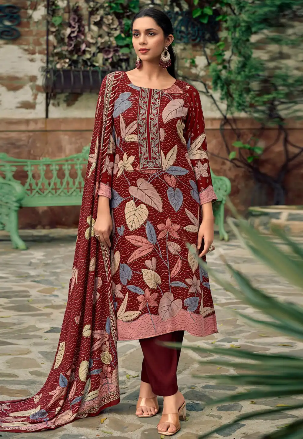 Maroon Pashmina Pant Style Suit 319560