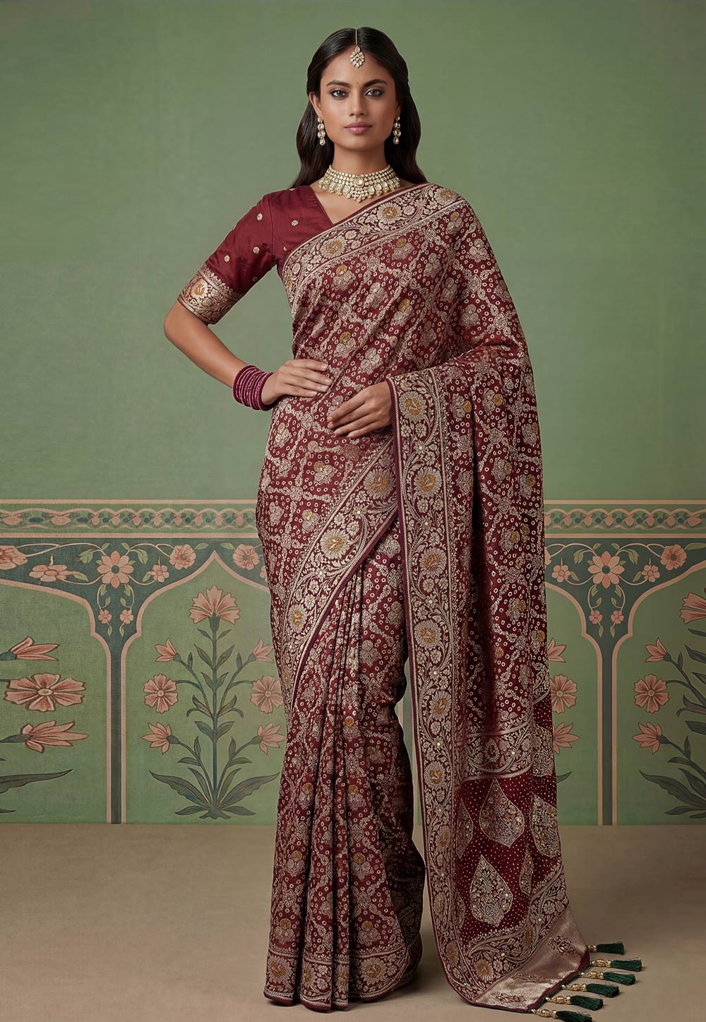 Maroon Pashmina Saree With Blouse 328849