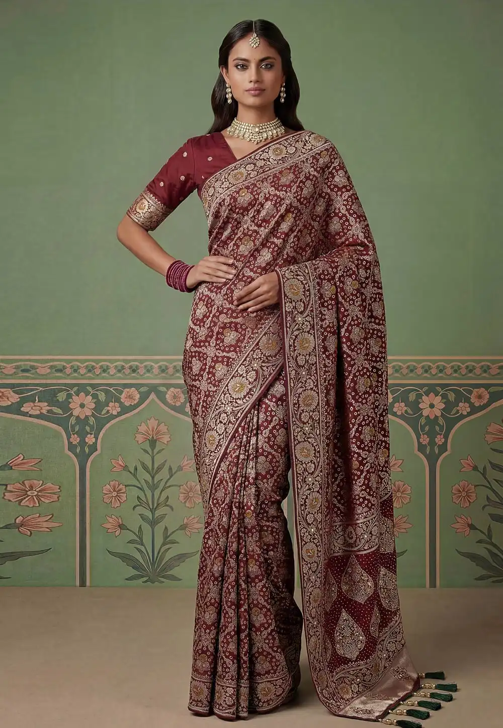 Maroon Pashmina Saree With Blouse 328849