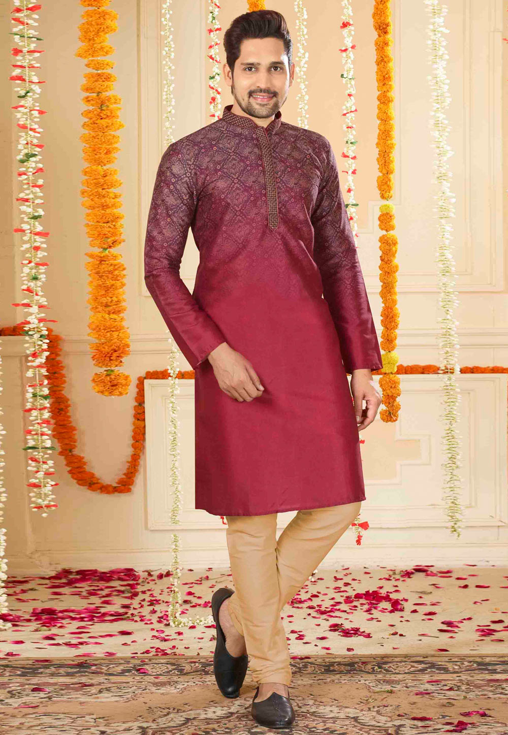 Maroon Polyester Kurta Pajama 280923