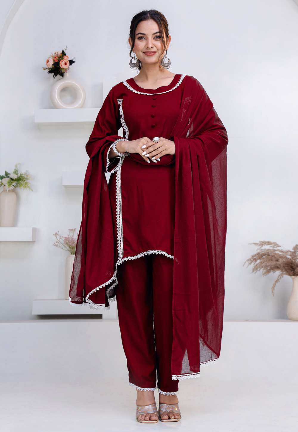 Maroon Rayon Asymmetrical Anarkali Suit 325453