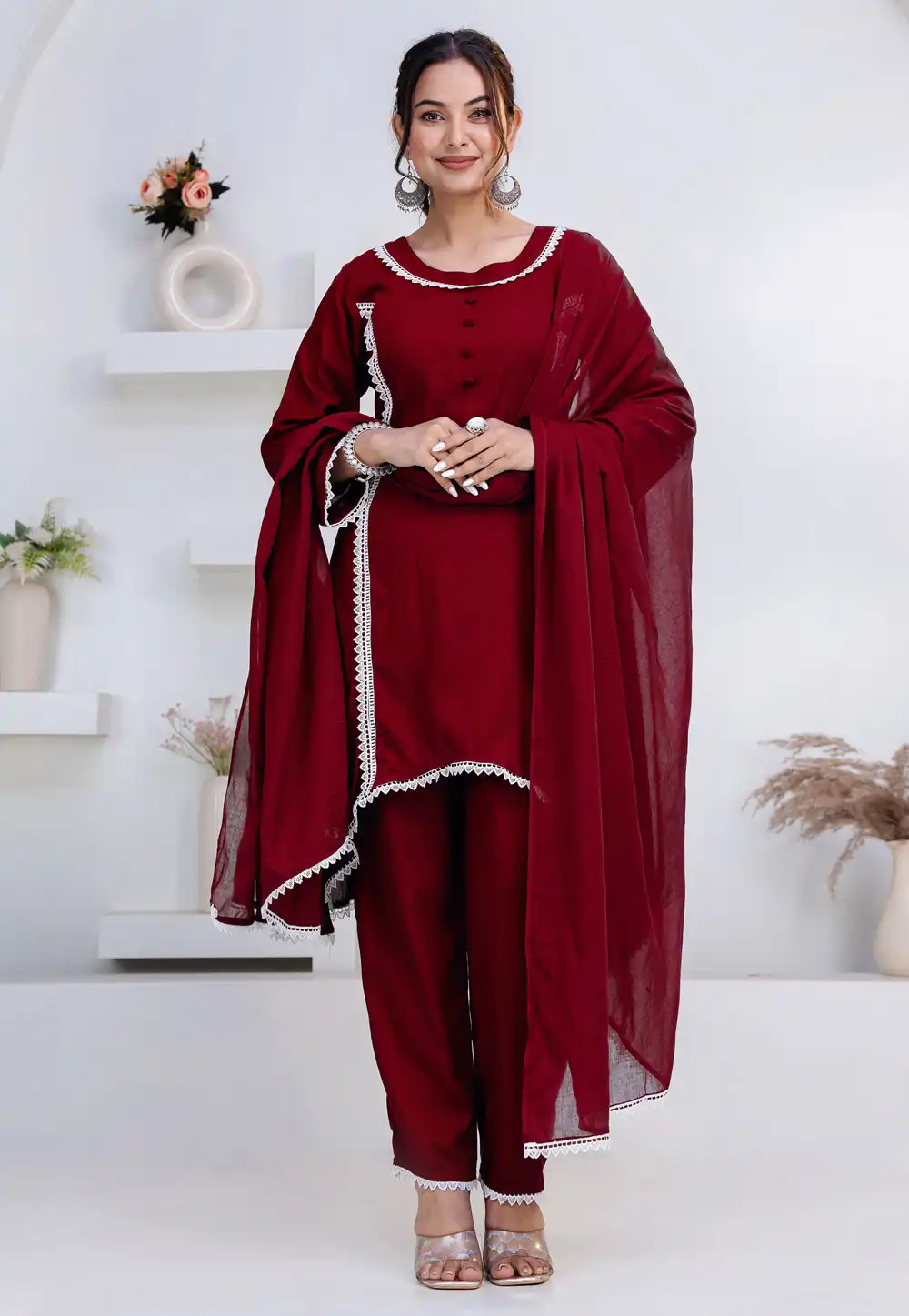 Maroon Rayon Asymmetrical Anarkali Suit 325453