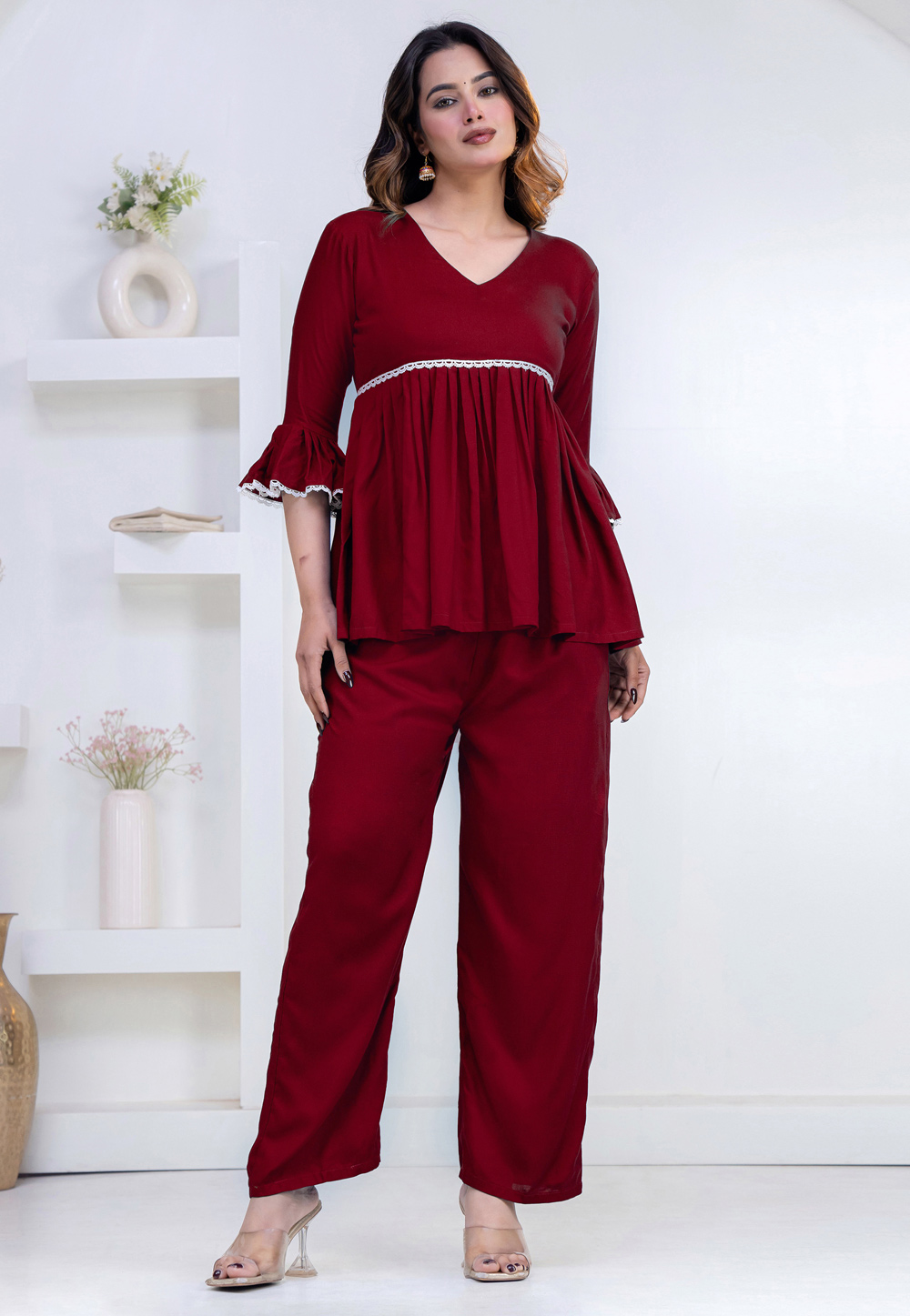 Maroon Rayon Kurta Set With Palazzo 327277