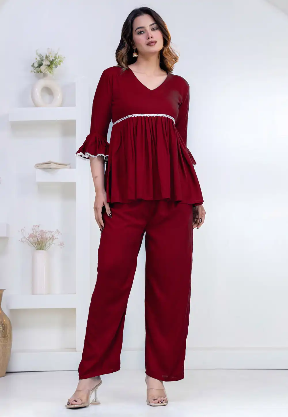 Maroon Rayon Kurta Set With Palazzo 327277