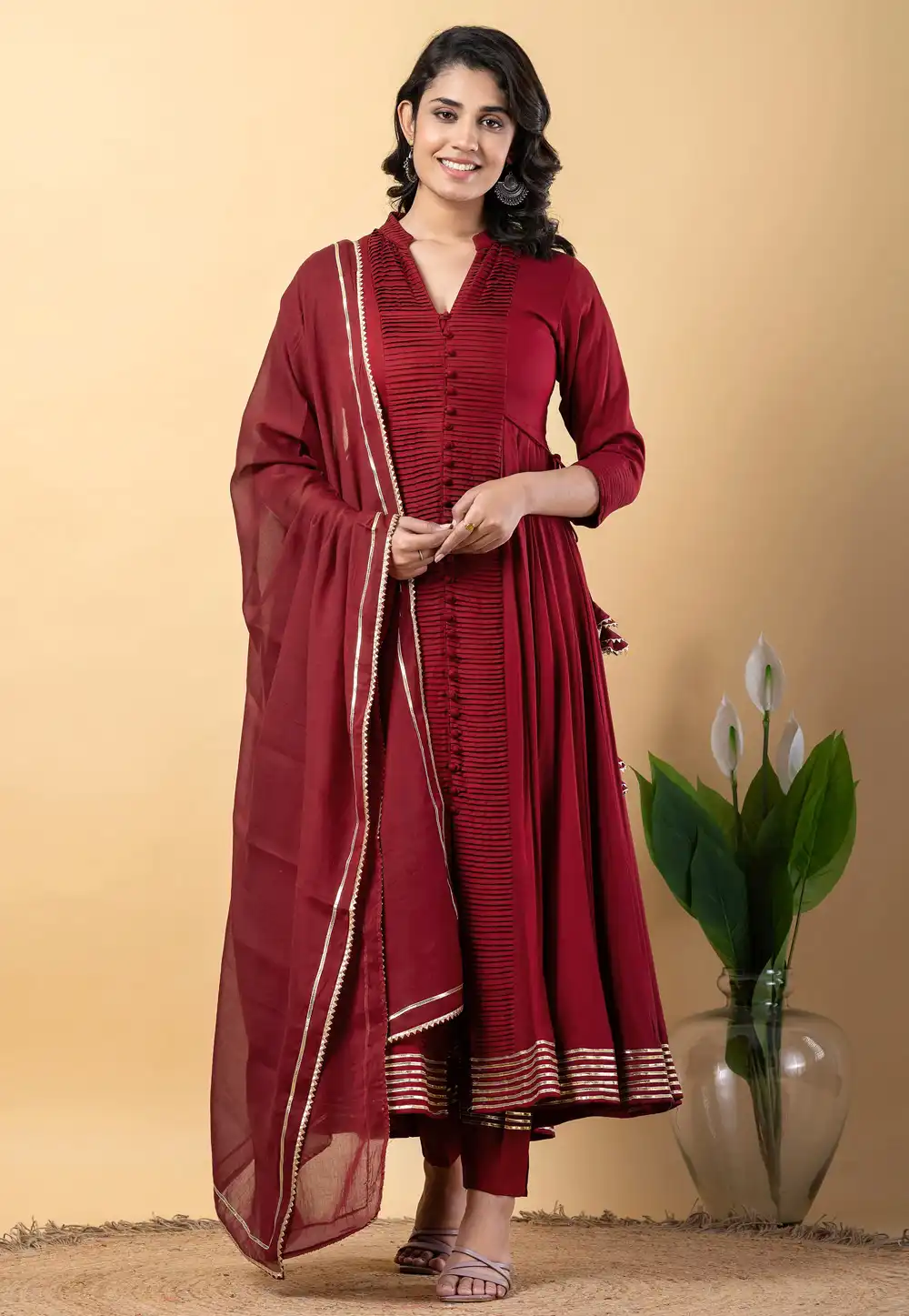 Maroon Rayon Readymade Anarkali Suit 317098
