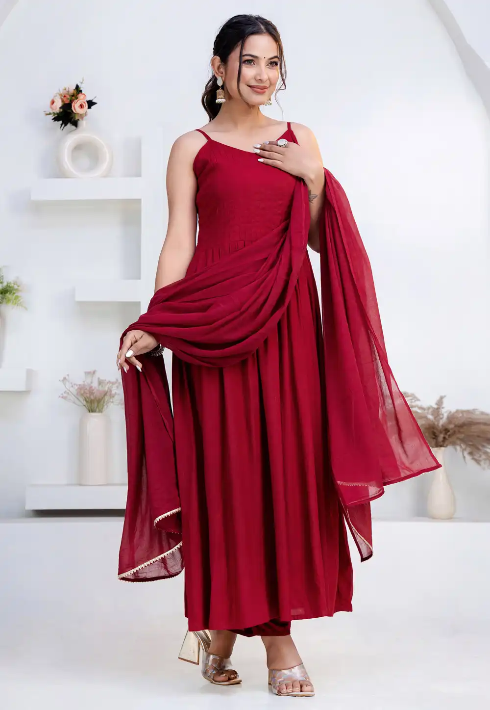 Maroon Rayon Readymade Anarkali Suit 325425