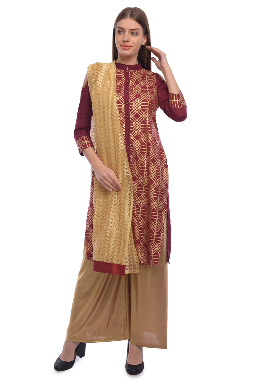 Maroon Rayon Readymade Palazzo Suit 322166