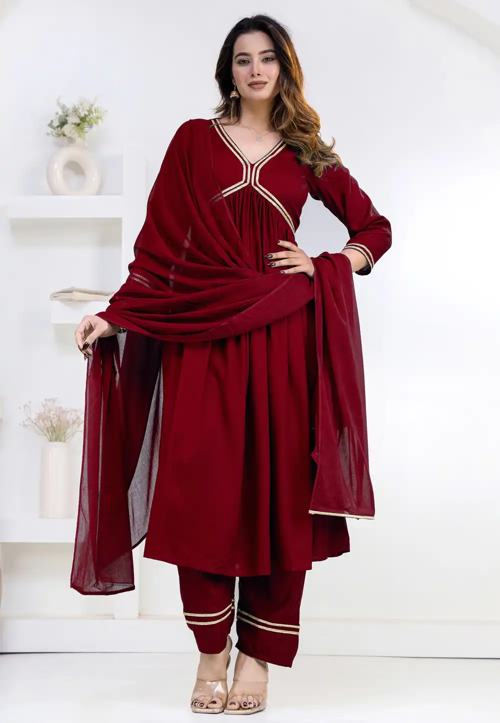 Maroon Rayon Readymade Pant Style Suit 325439