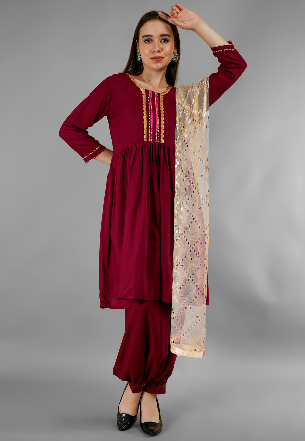 Maroon Rayon Readymade Punjabi Suit 282790