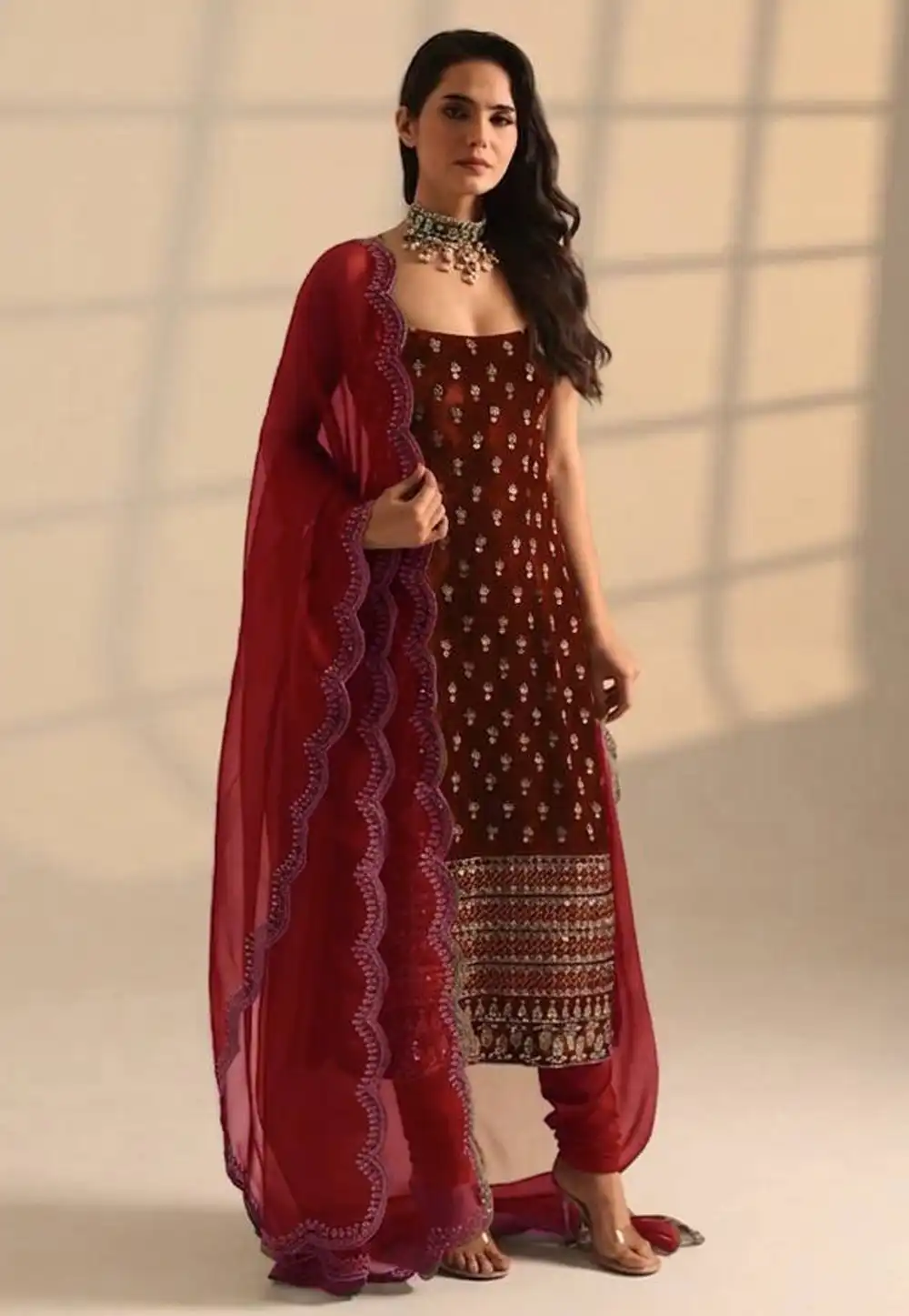 Maroon Satin Churidar Suit 326613