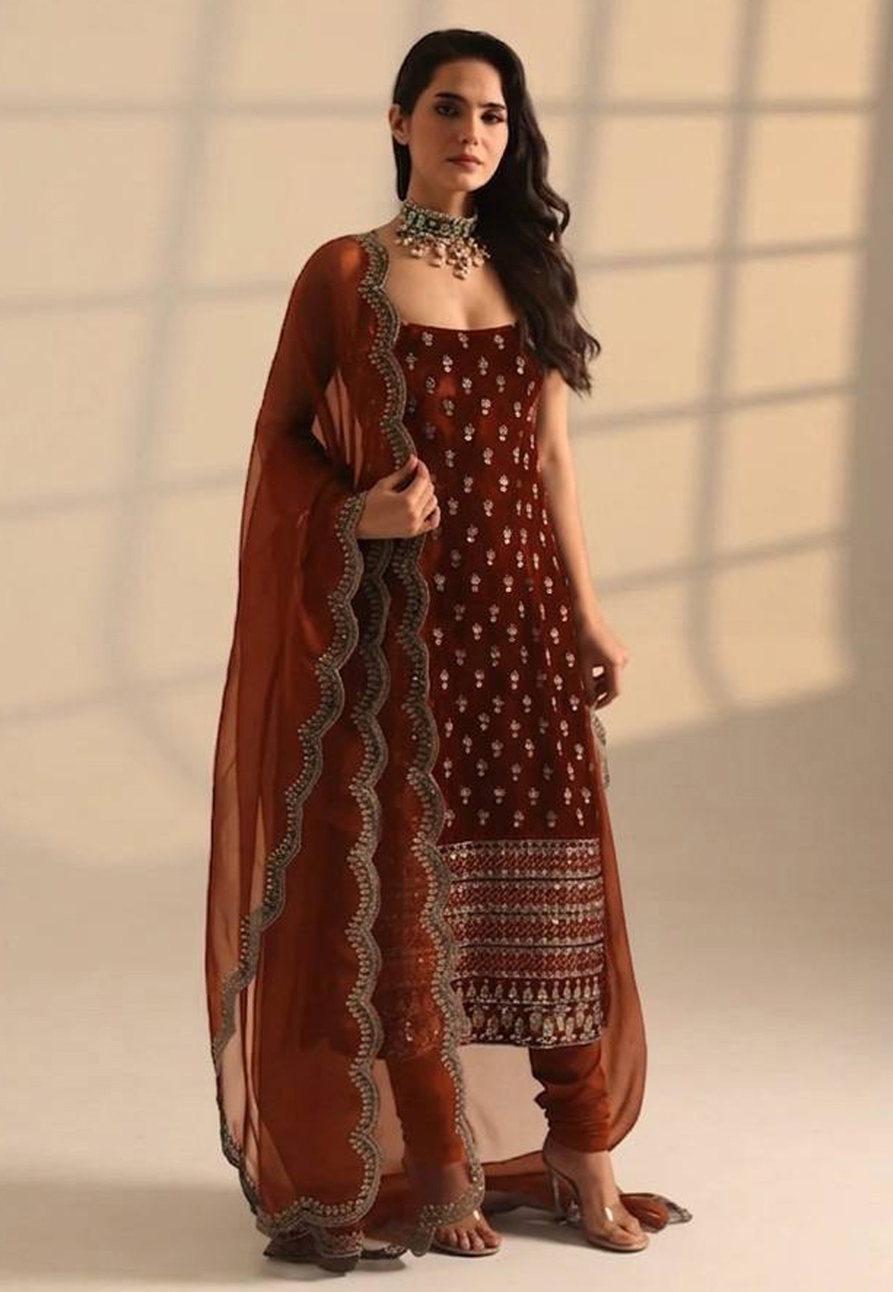 Maroon Satin Churidar Suit 326613