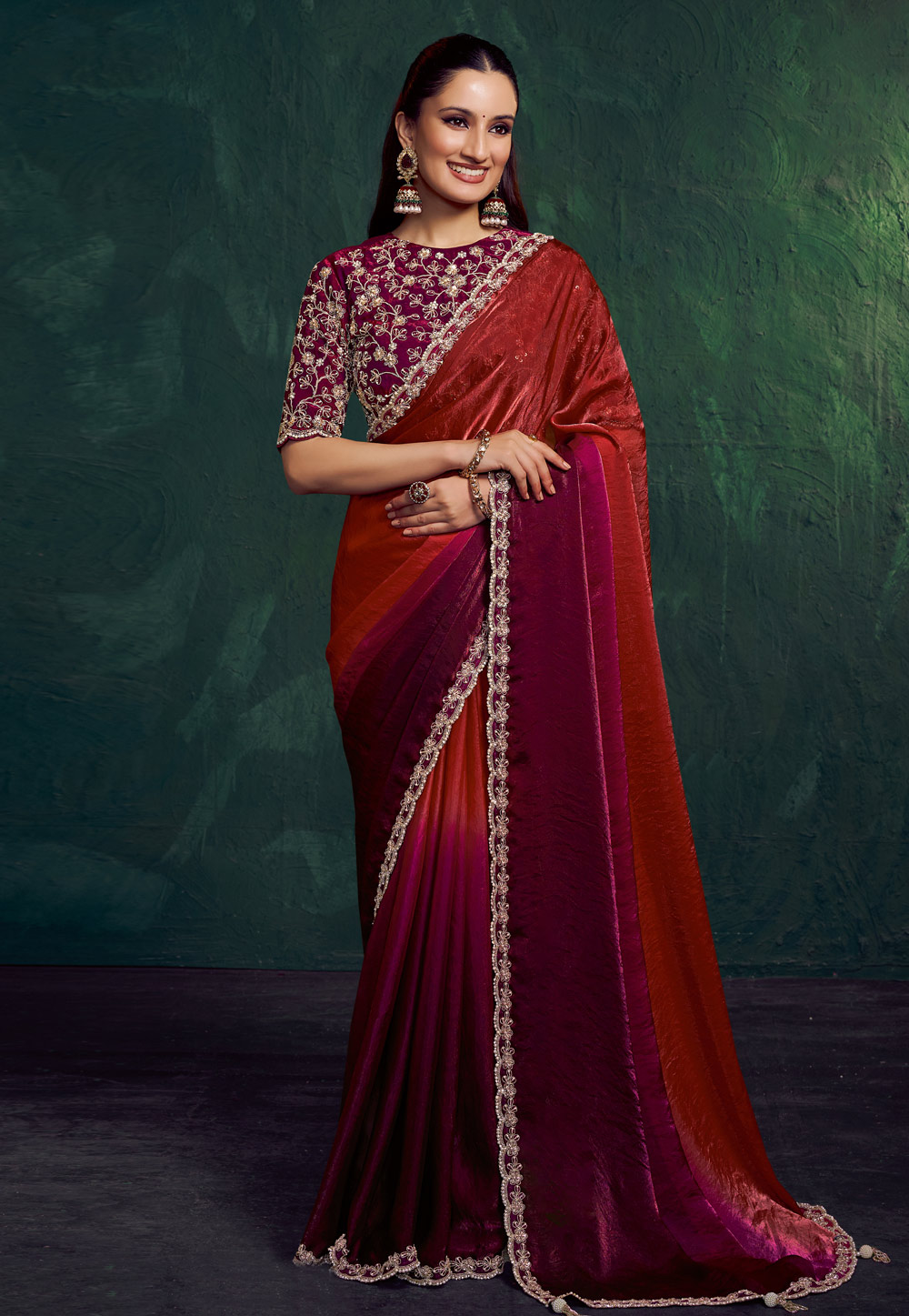Maroon Satin Half N Half Saree 322942