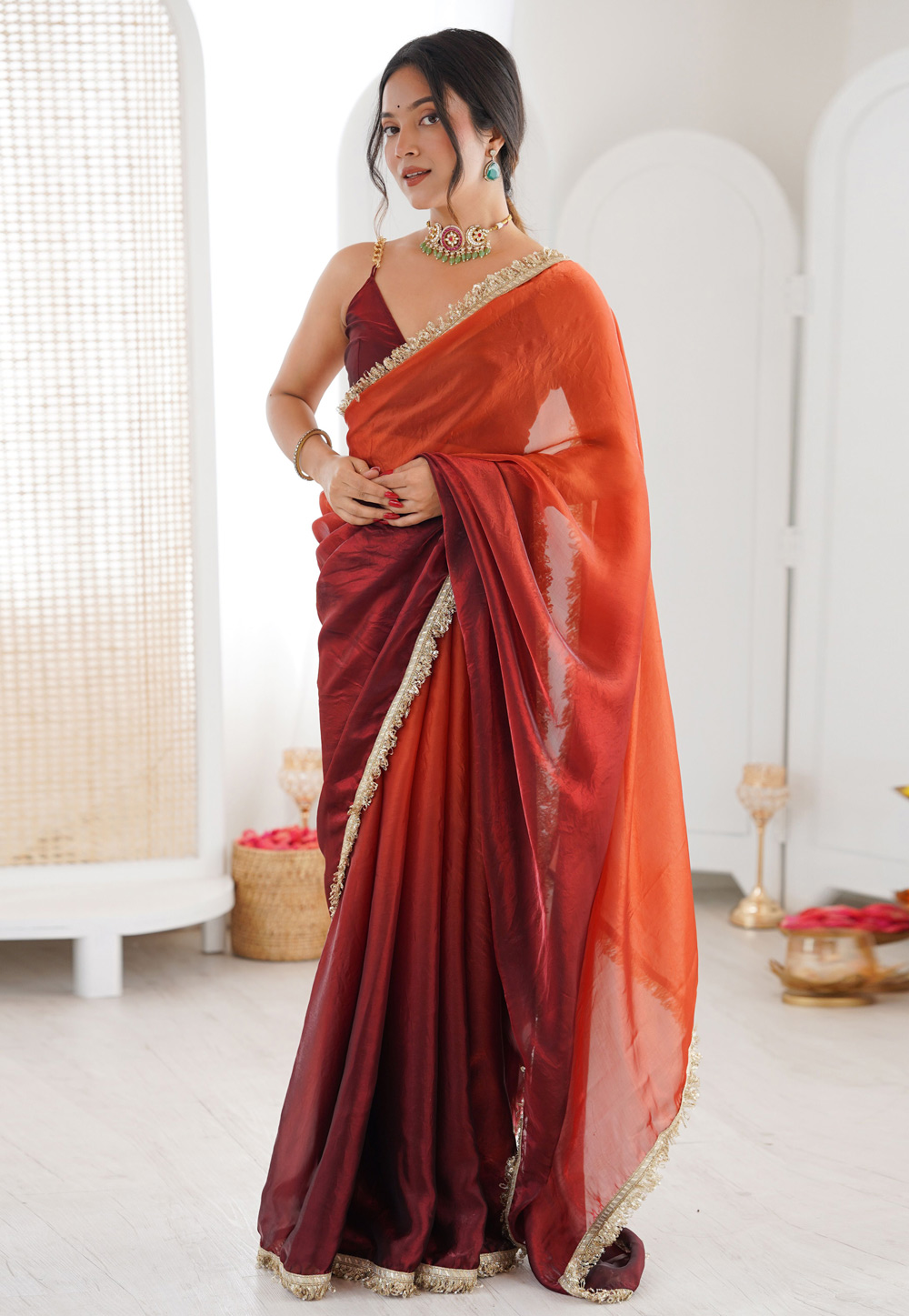 Maroon Satin Half N Half Saree 330272