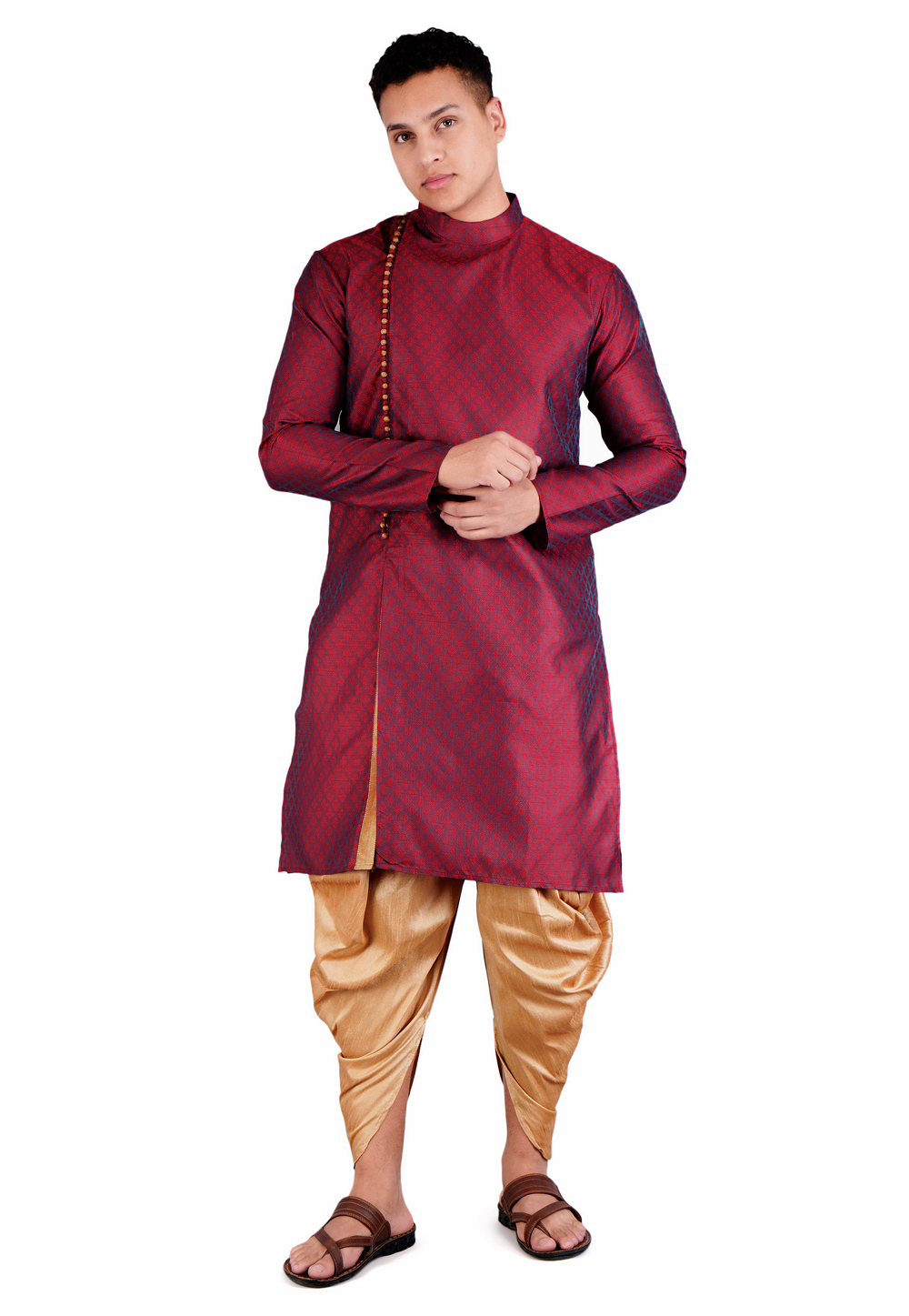 Maroon Satin Jacquard Dhoti Kurta 278234