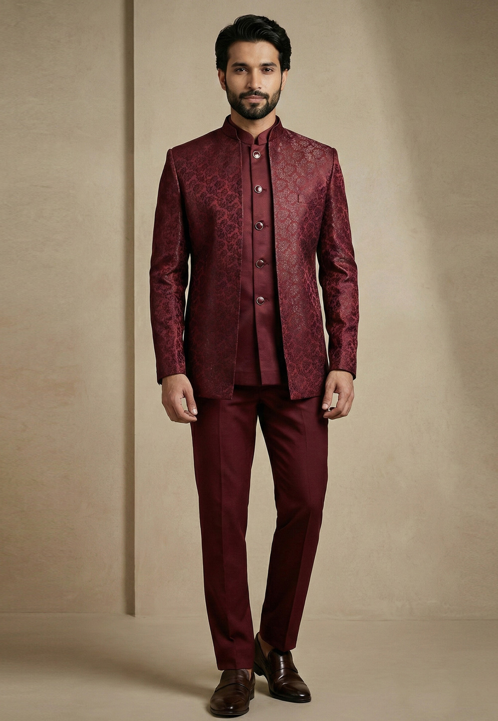 Maroon Satin Jodhpuri Suit 324111