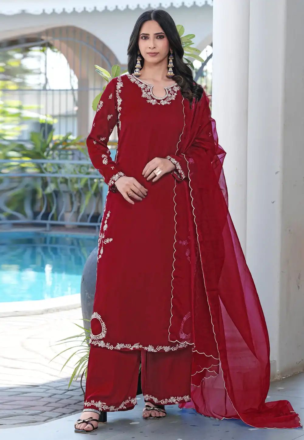 Maroon Satin Readymade Palazzo Suit 325023