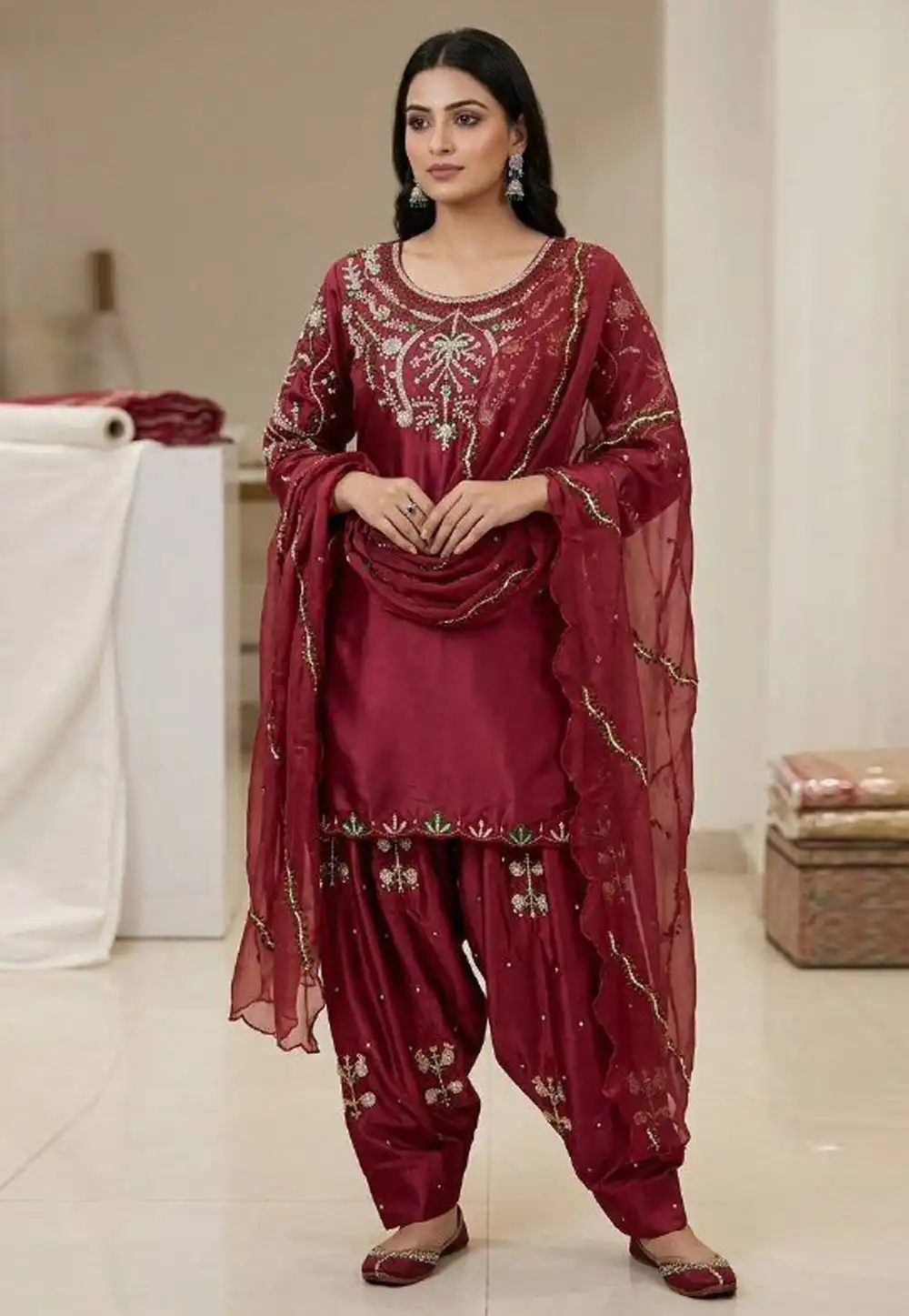 Maroon Satin Readymade Patiala Suit 329821