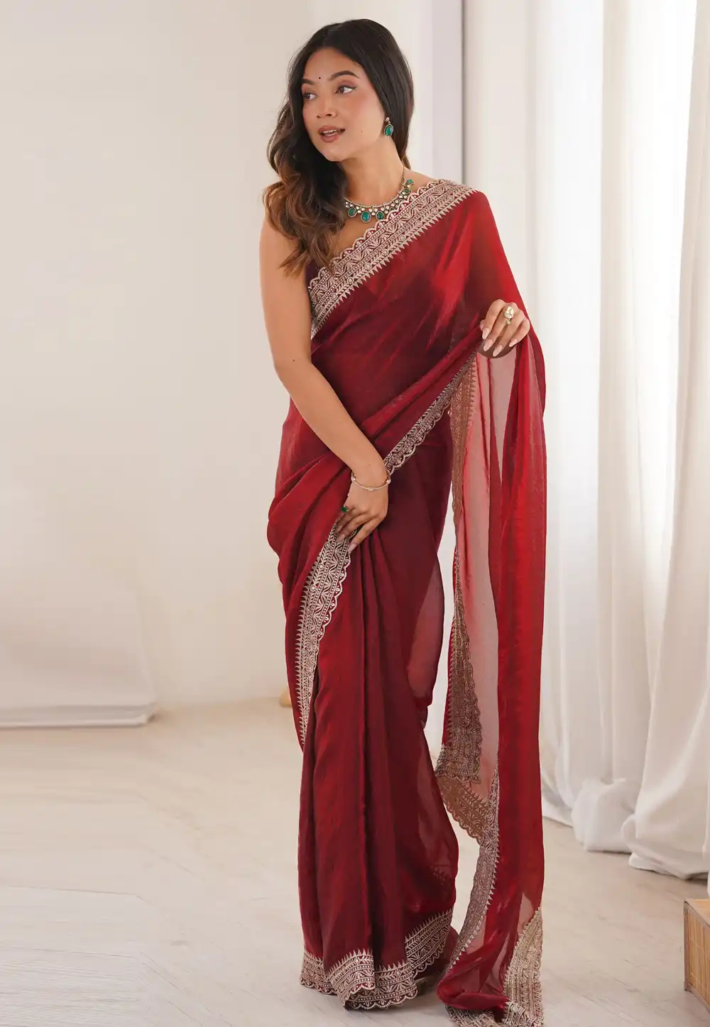 Maroon Satin Saree With Blouse 329523