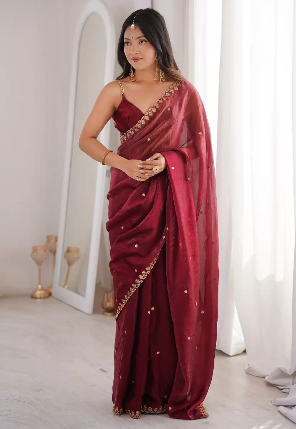 Maroon Satin Saree With Blouse 329543