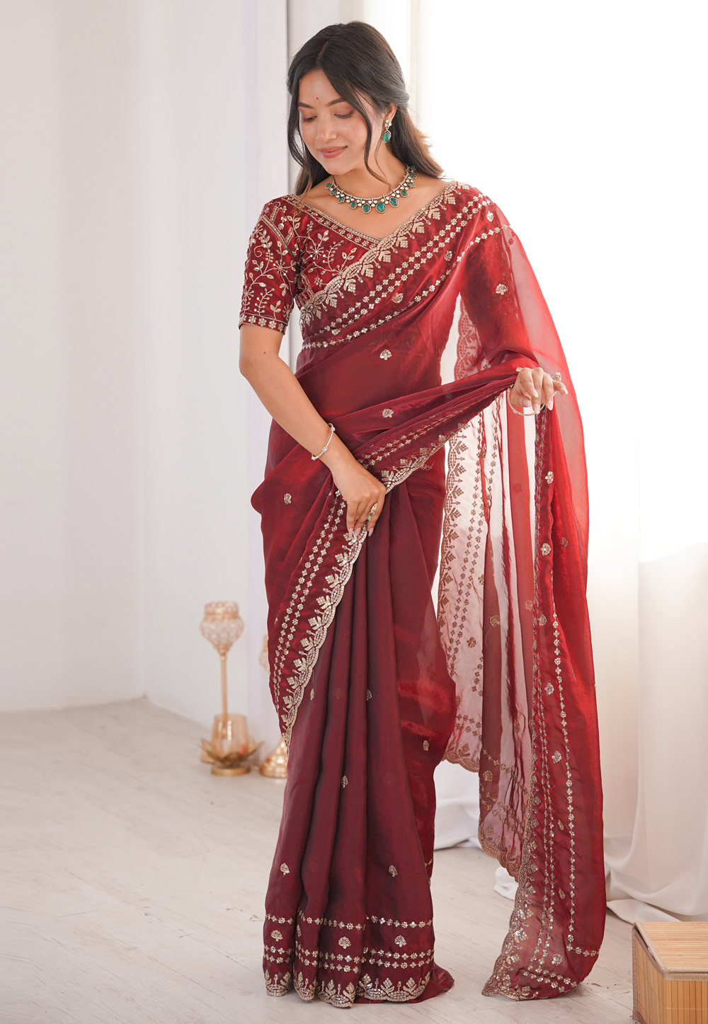 Maroon Satin Saree With Blouse 329552