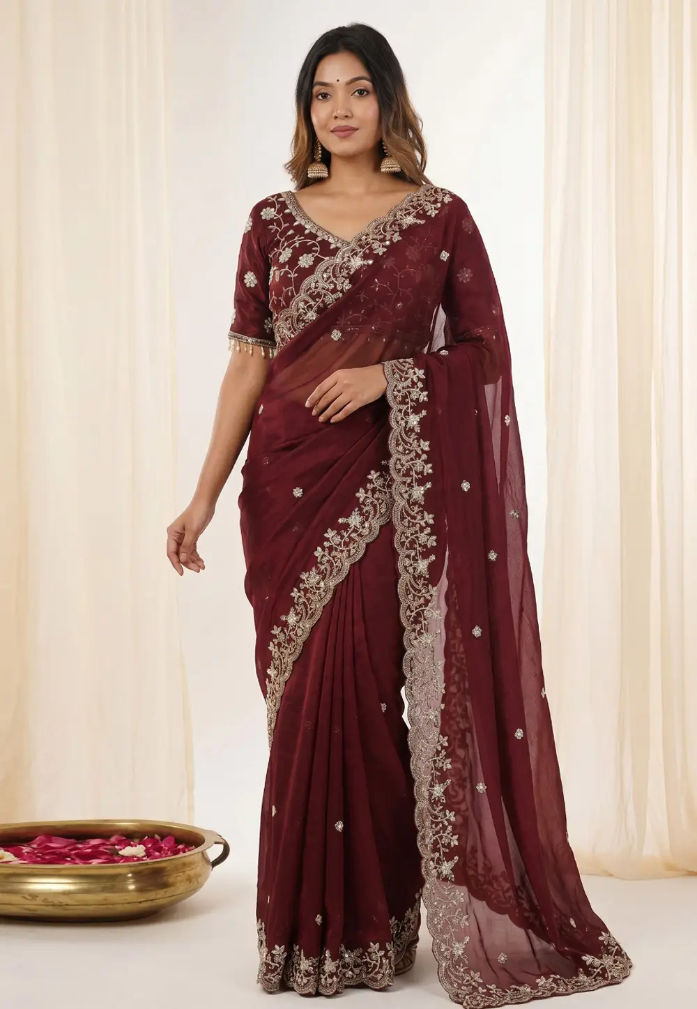Maroon Satin Saree With Blouse 330992