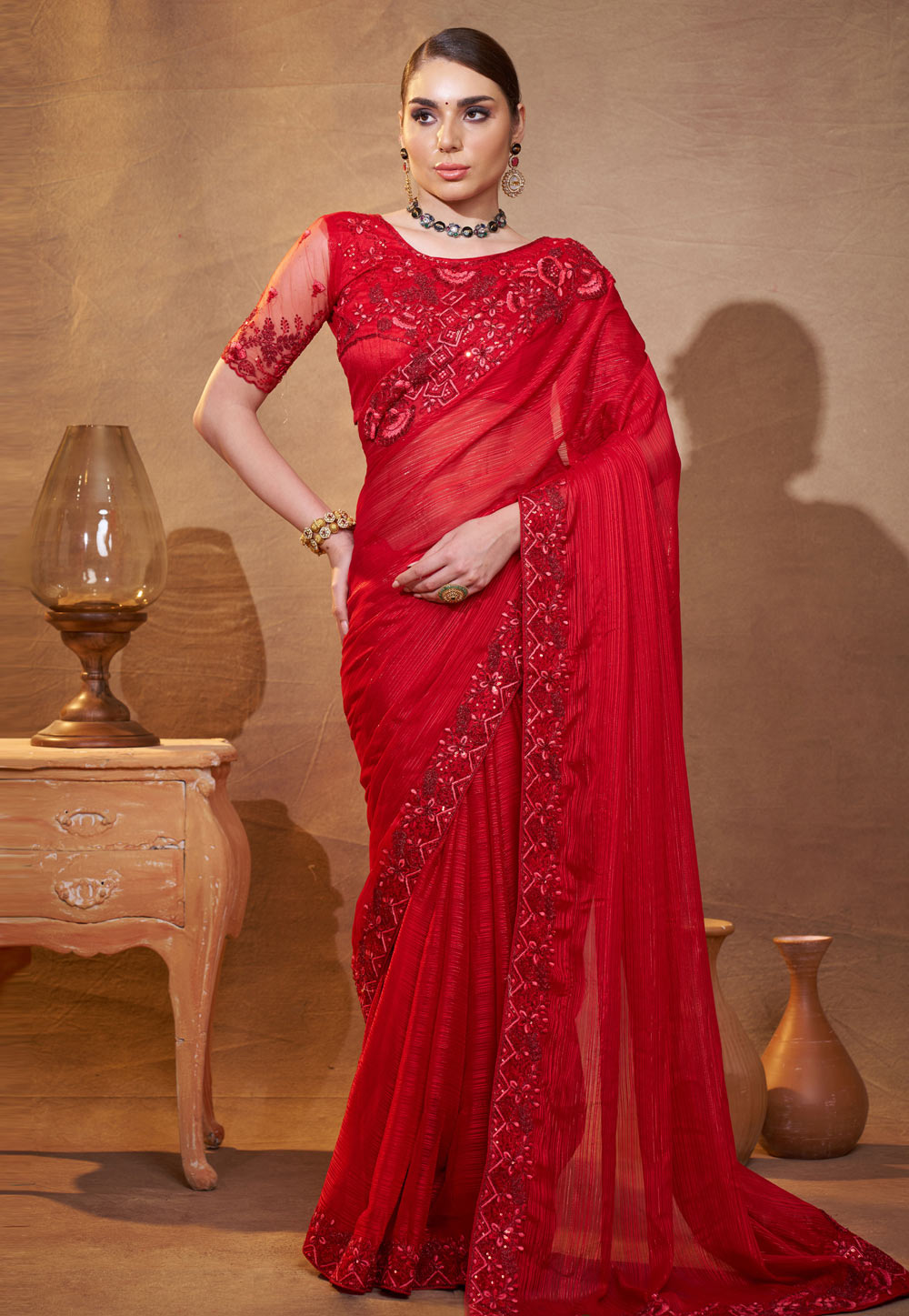 Maroon Satin Saree With Blouse 306981