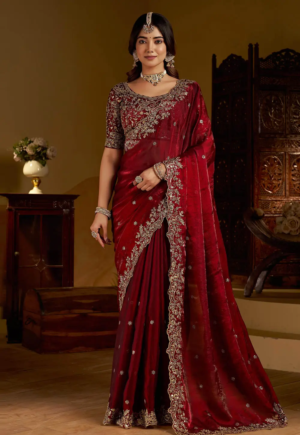 Maroon Satin Saree With Blouse 332576
