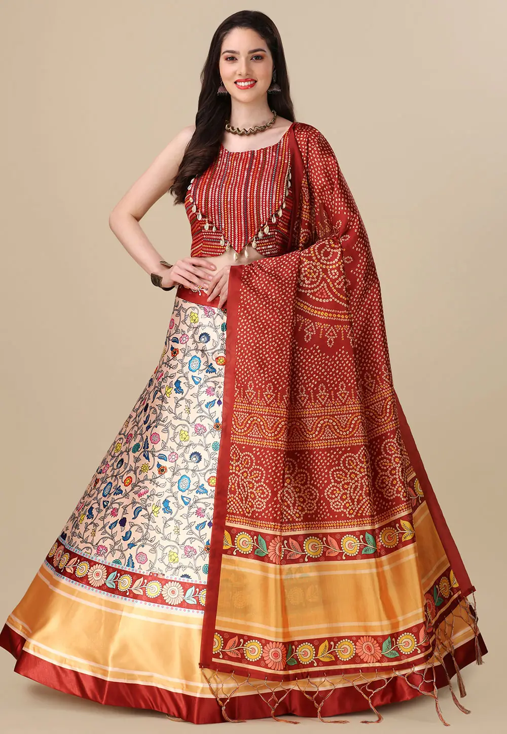 Maroon Satin Silk Floral print Lehenga Choli 333408