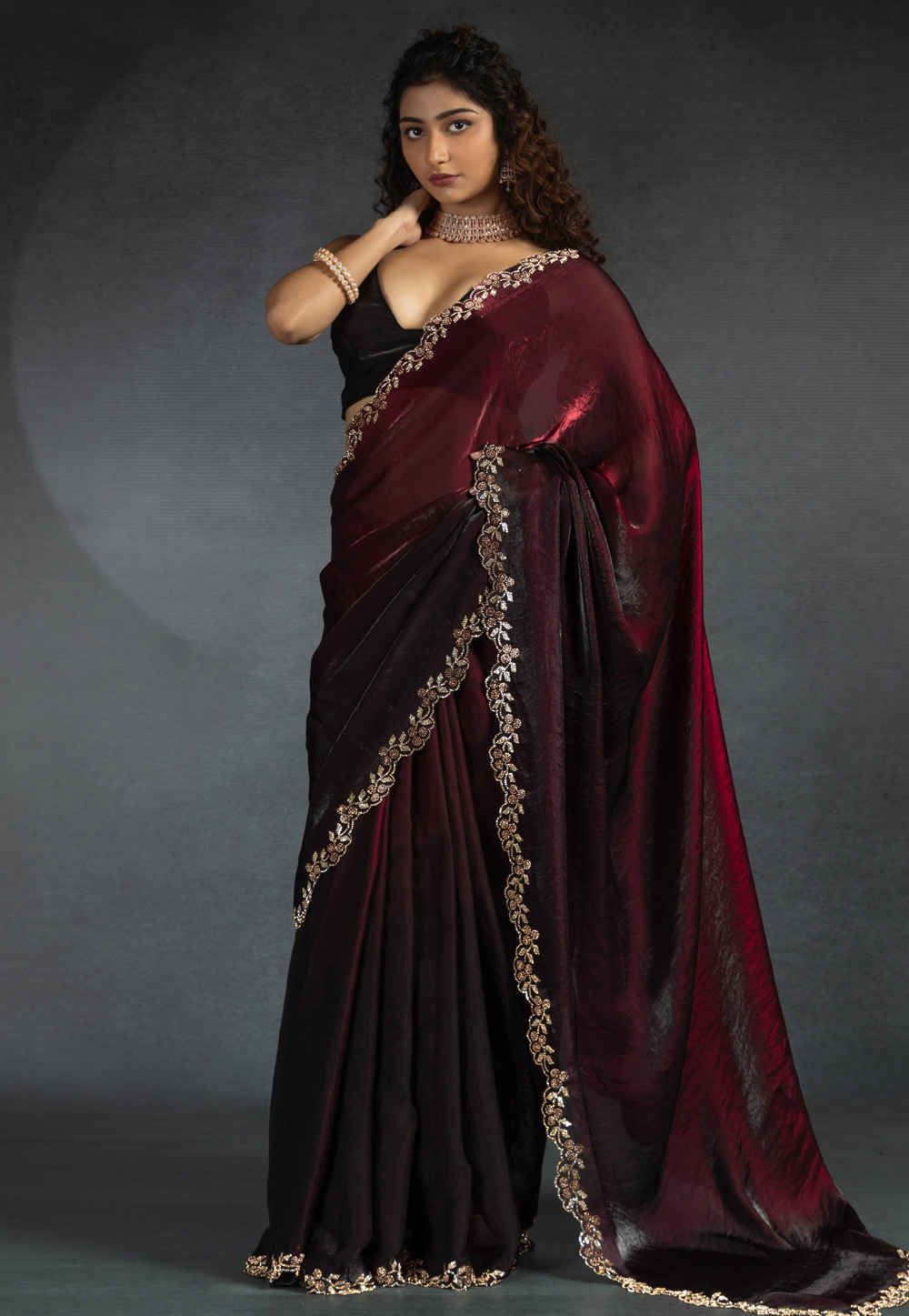 Maroon Satin Silk Half N Half Saree 307694