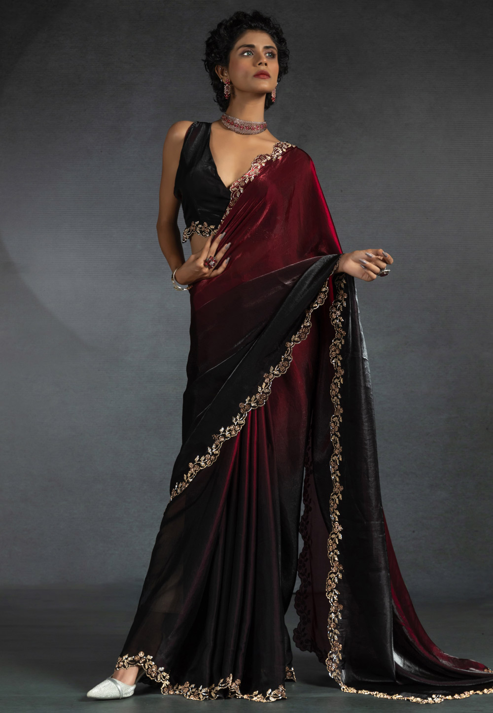 Maroon Satin Silk Half N Half Saree 307696
