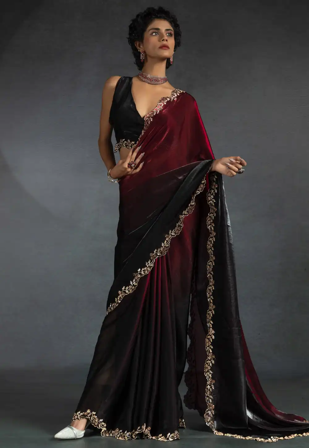Maroon Satin Silk Half N Half Saree 307696