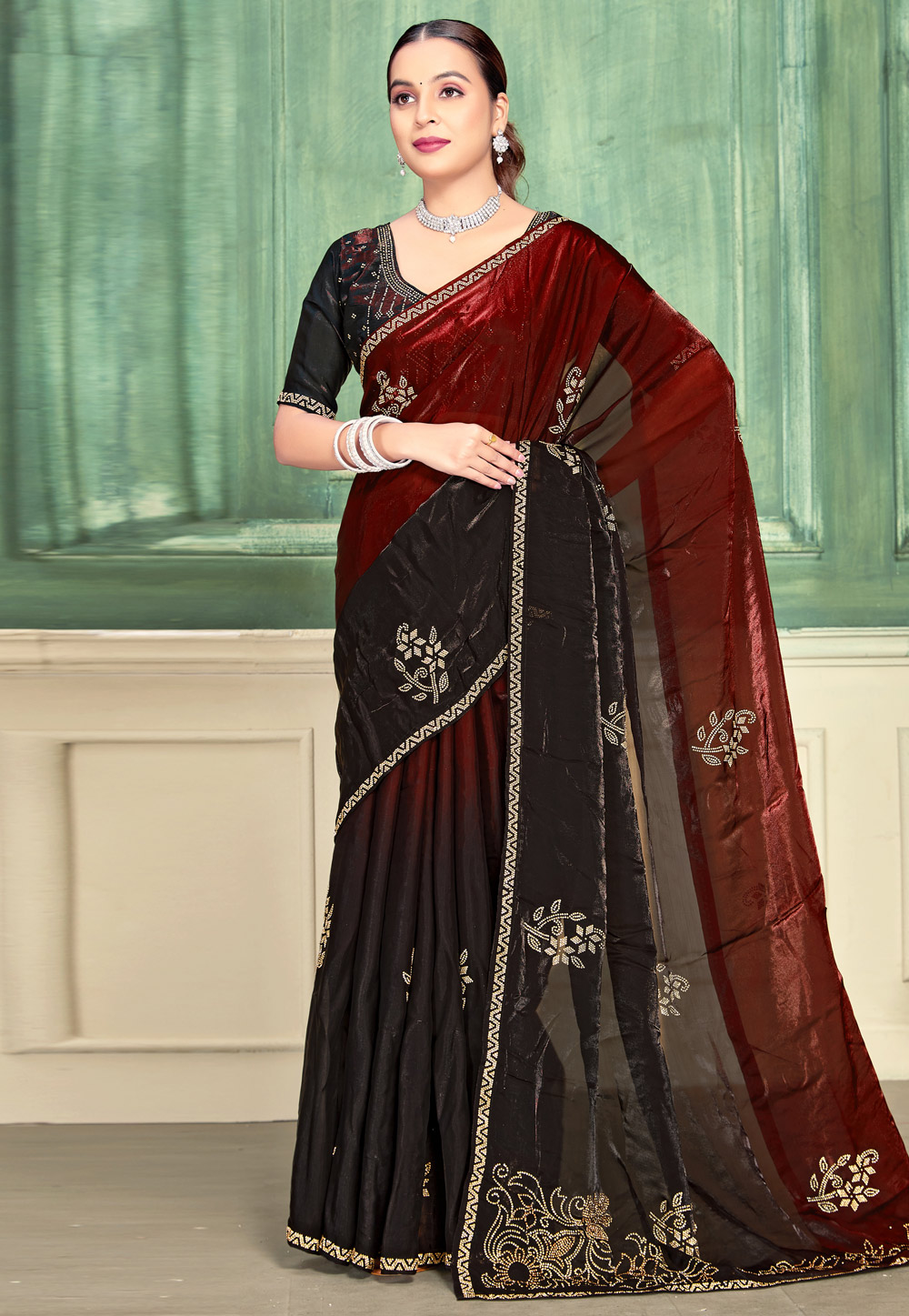 Maroon Satin Silk Half N Half Saree 319490