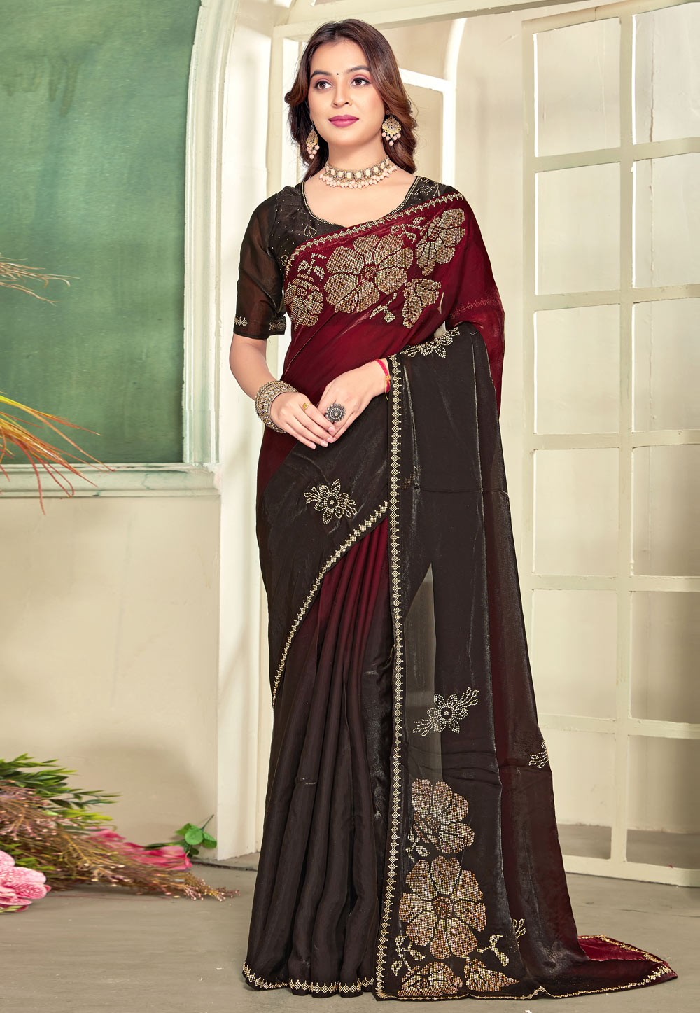 Maroon Satin Silk Half N Half Saree 320163