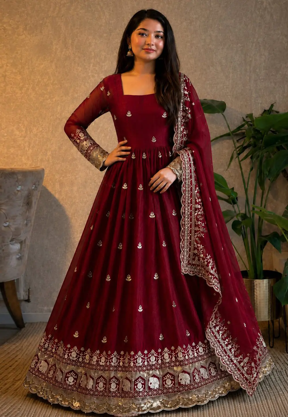 Maroon Satin Silk Readymade Long Anarkali Suit 333677