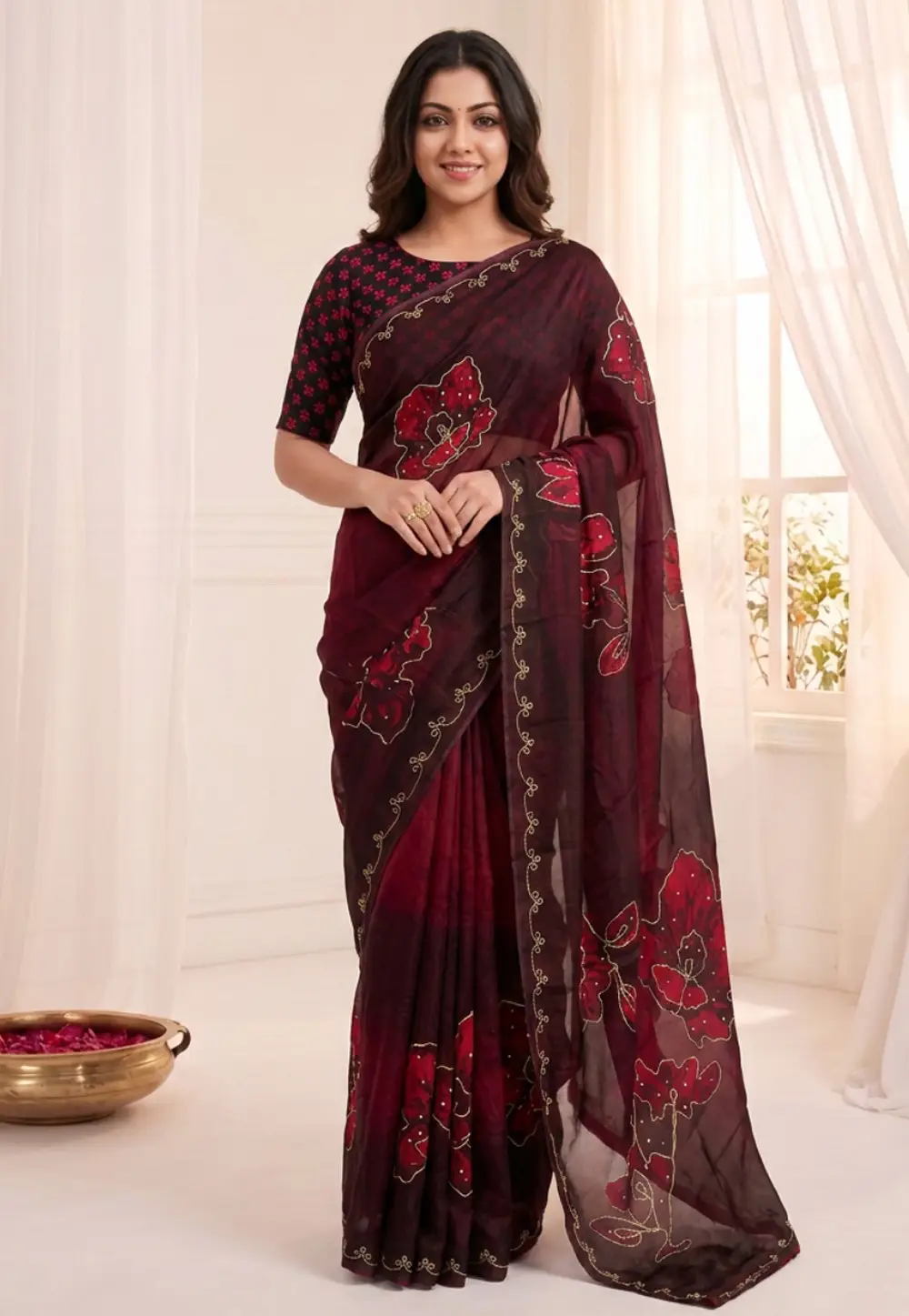 Maroon Satin Silk Saree With Blouse 336622