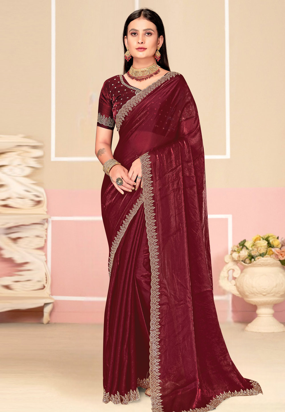 Maroon Satin Silk Saree With Blouse 310840