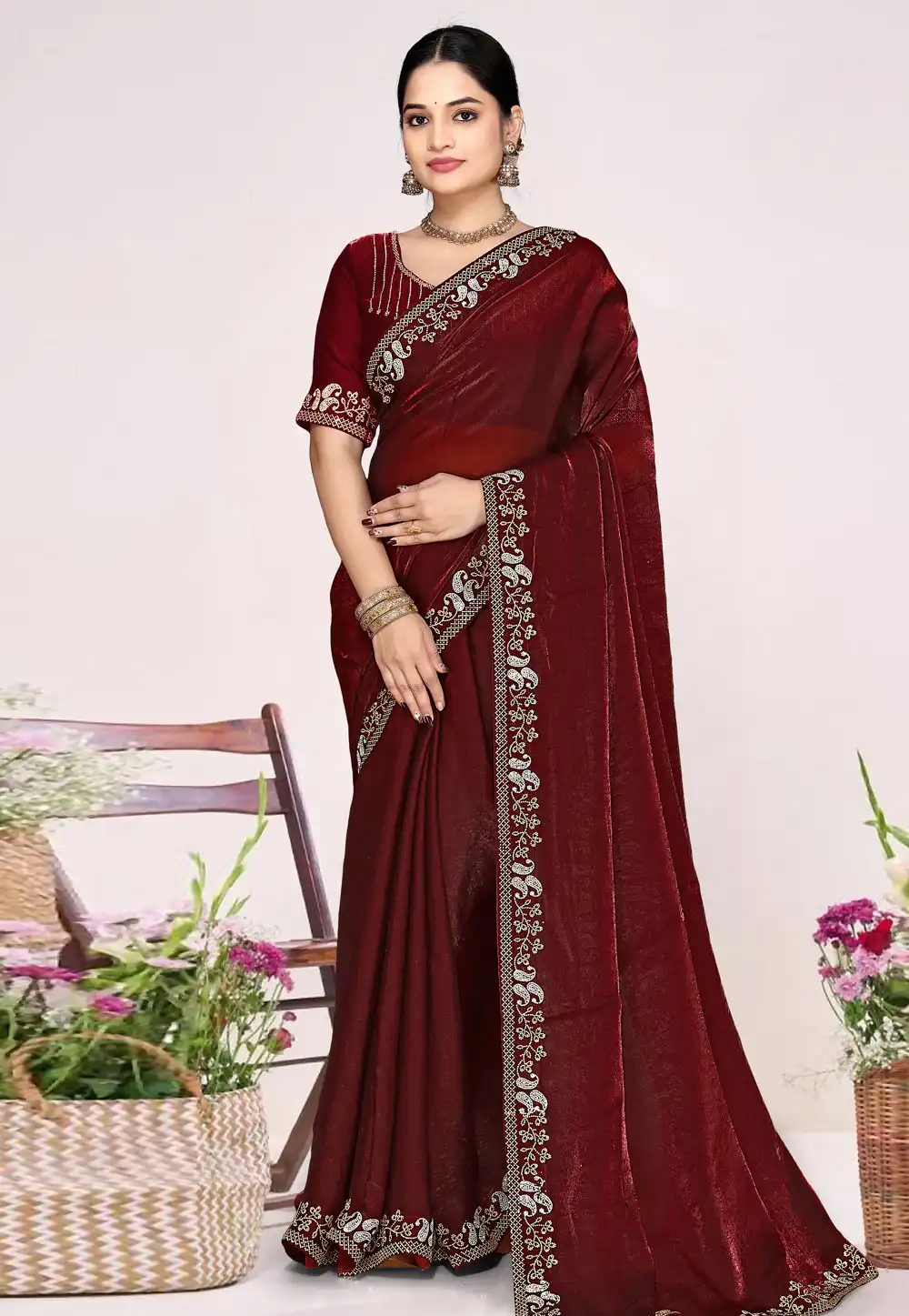 Maroon Satin Silk Saree With Blouse 326868