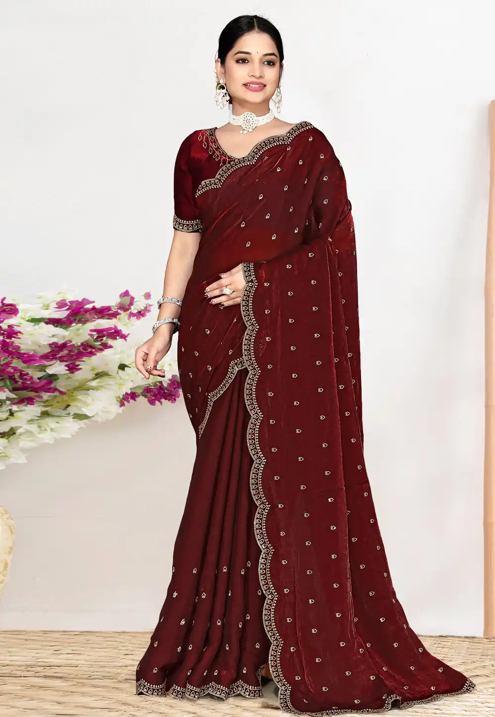 Maroon Satin Silk Saree With Blouse 327220