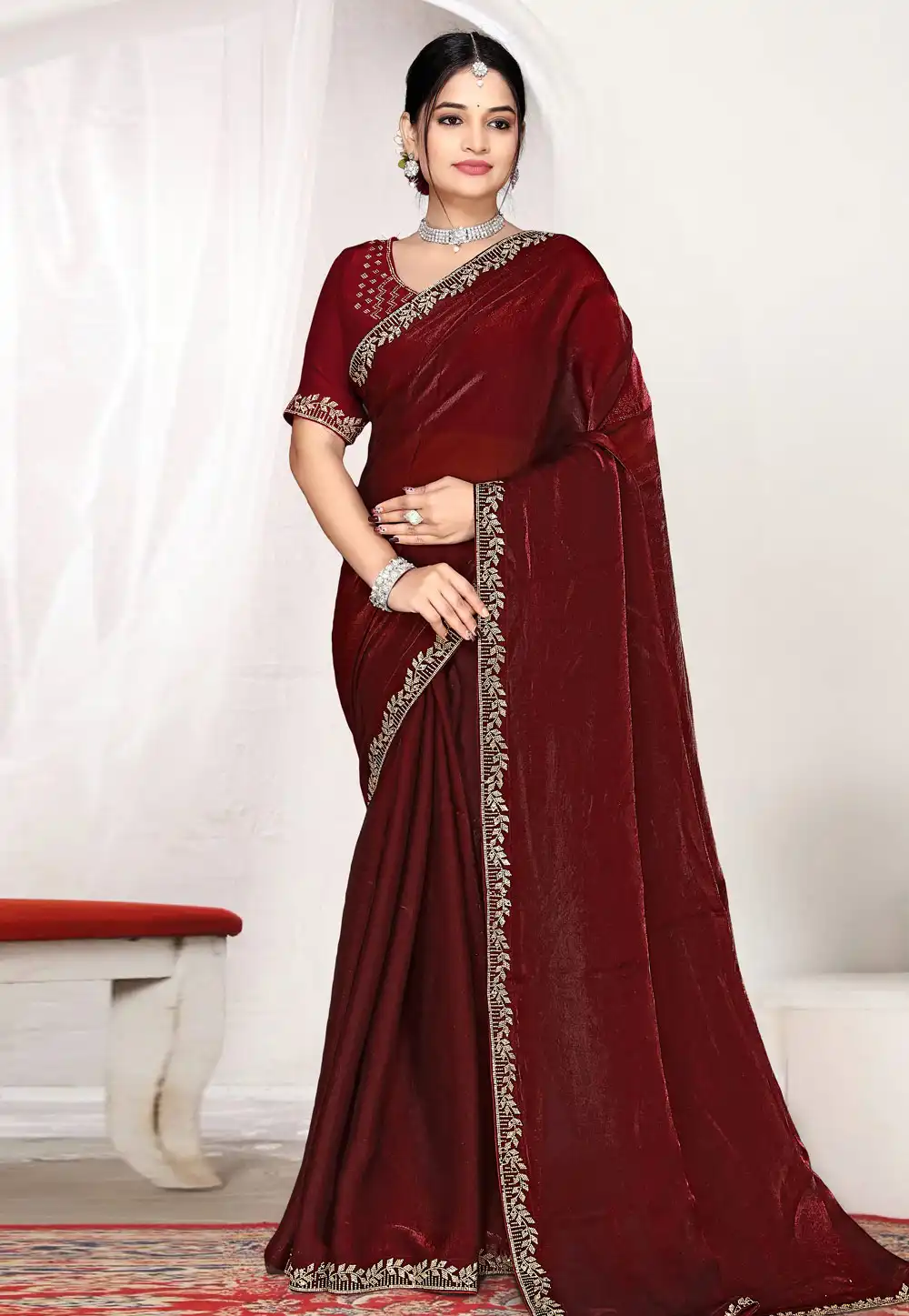 Maroon Satin Silk Saree With Blouse 327386