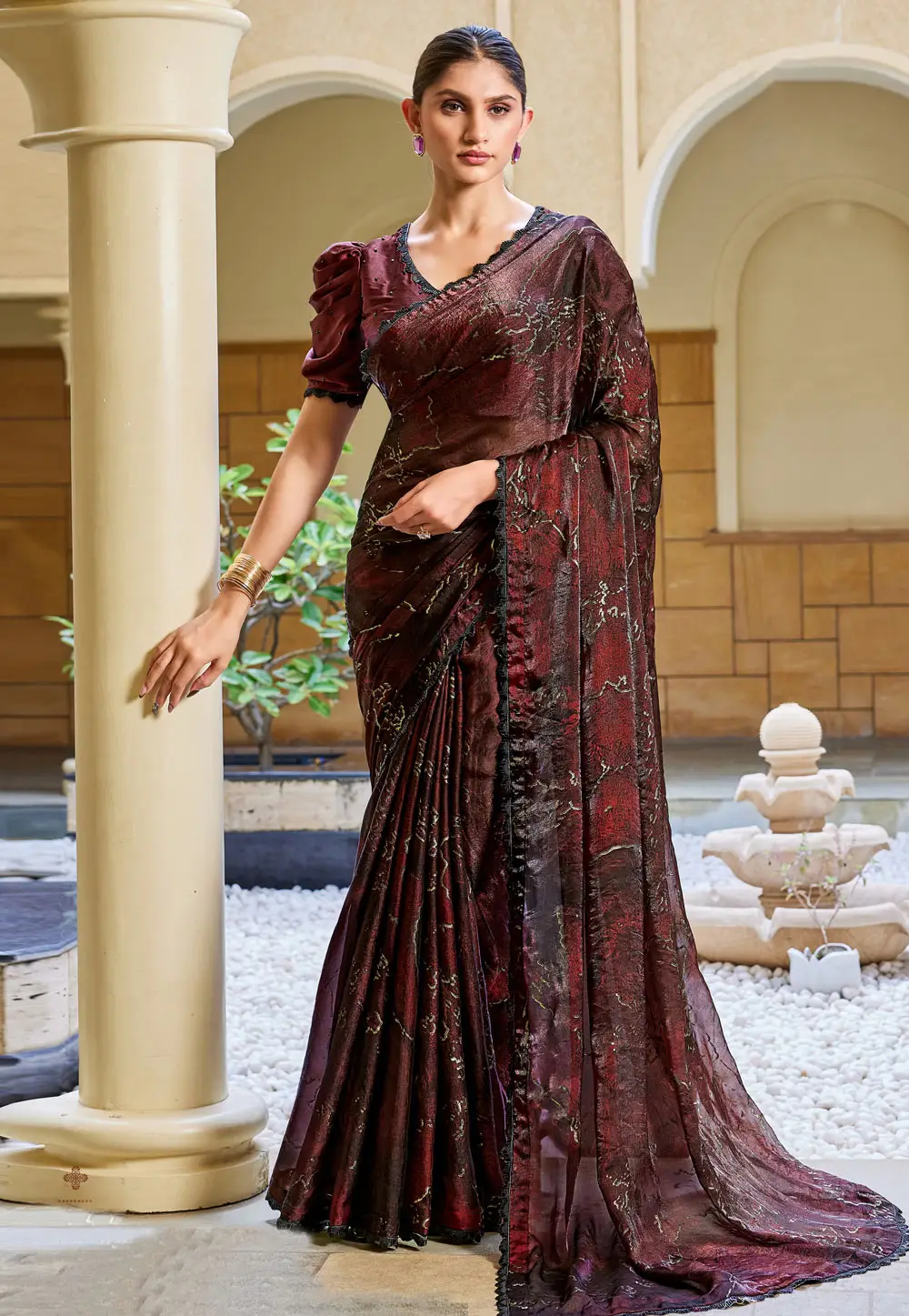 Maroon Satin Silk Saree With Blouse 335645