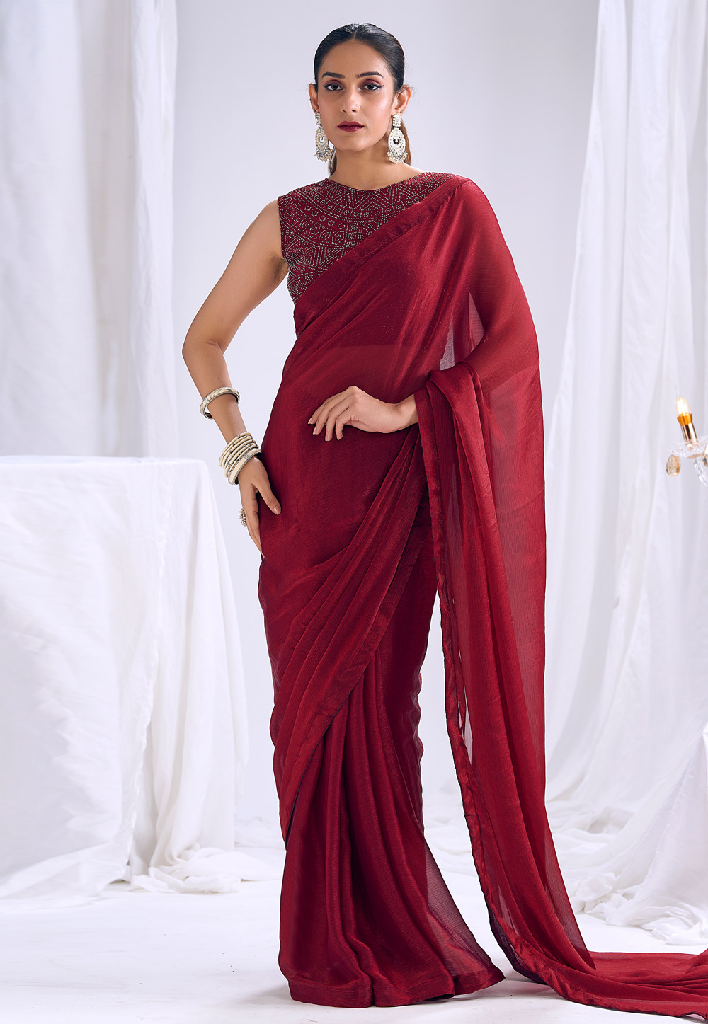 Maroon Satin Silk Saree With Blouse 327780