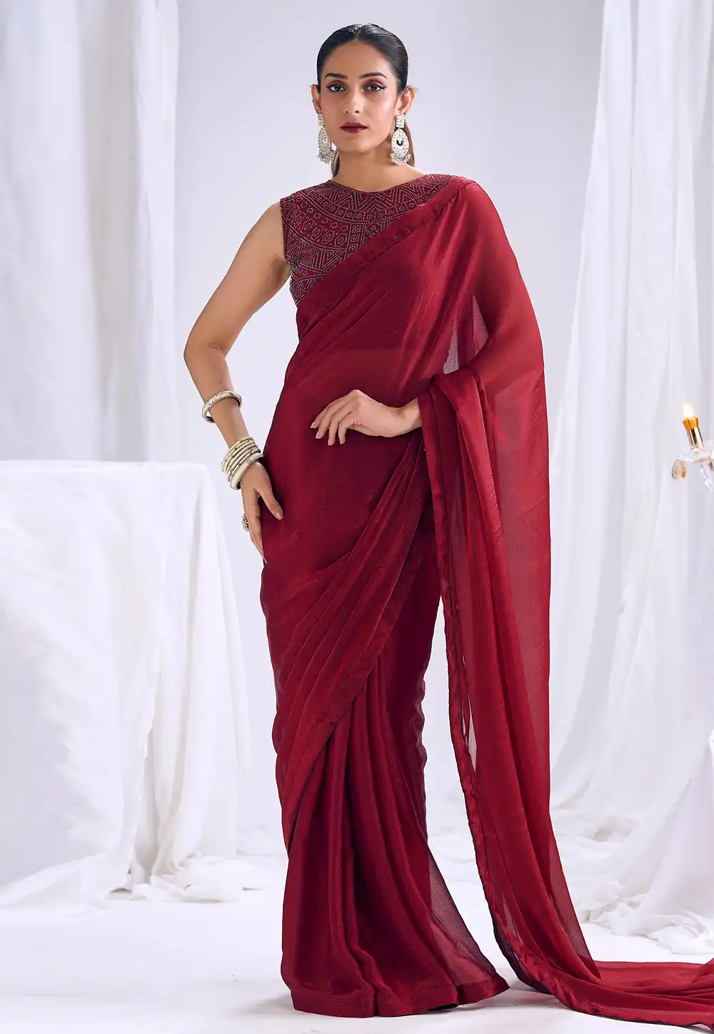 Maroon Satin Silk Saree With Blouse 327780