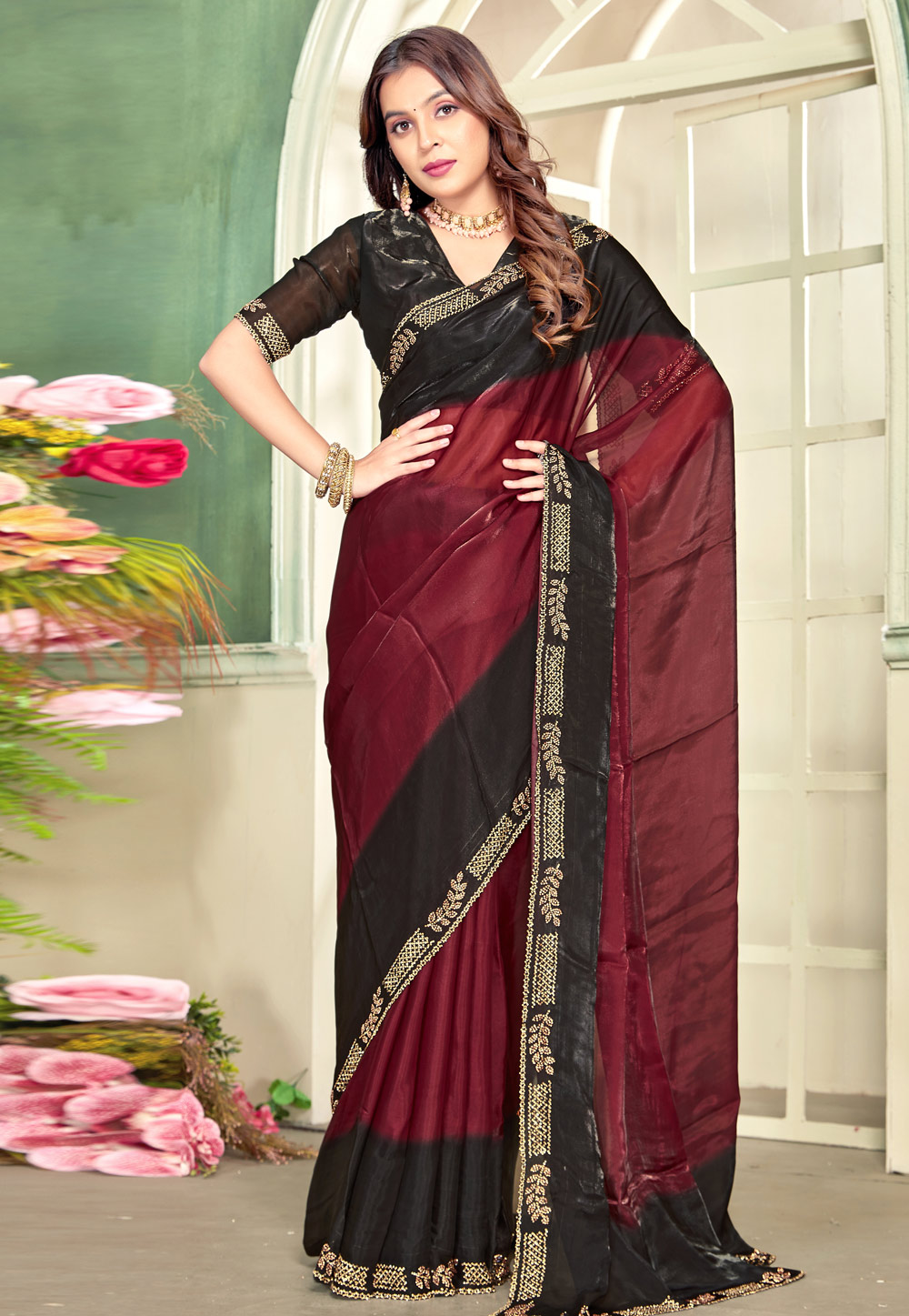 Maroon Satin Silk Saree With Blouse 319835