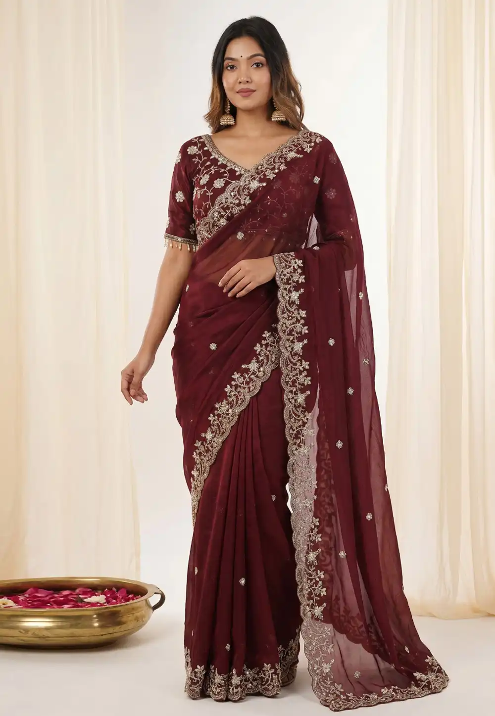Maroon Satin Silk Saree With Blouse 330538